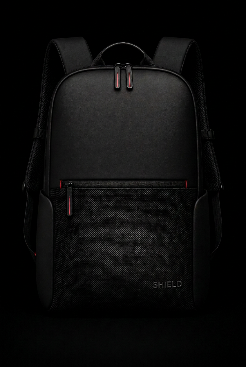 Zaino SHIELD vista frontale — pannello mesh, cerniere con accento rosso, wordmark SHIELD